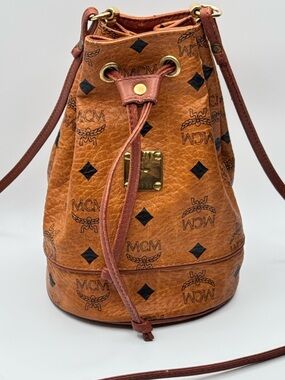 MCM Cognac Visetos Drawstring Mini Bucket Bag